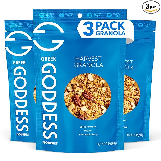 Greek Goddess Gourmet Harvest Granola with Pecans Almonds Coconut &amp Maple Syrup 100% Whole Grain Oats &amp Olive Oil – Healthy Greek-Inspired Gluten Free Granola 10oz (3-Pack)