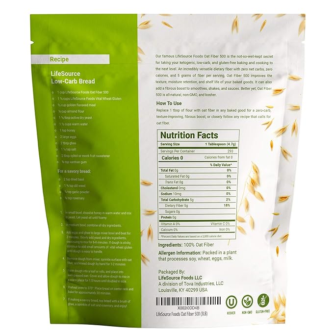 LifeSource Foods Oat Fiber 500 (3 LB) All-Natural Gluten-Free Zero-Carb Fiber Source for Low-Carb Baking