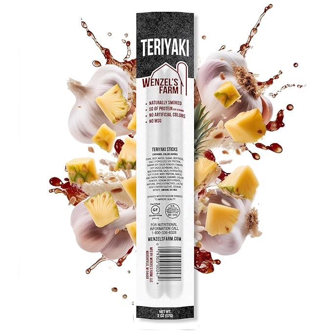 Wenzel’s Farm Teriyaki Sticks │Supports Active Lifestyles │ Flavorful Naturally Smoked │ High Protein Low Carb │ No MSG Fillers Binders Artificial Colors │ Gluten Free | 32 Sticks (16 Packs of 2)
