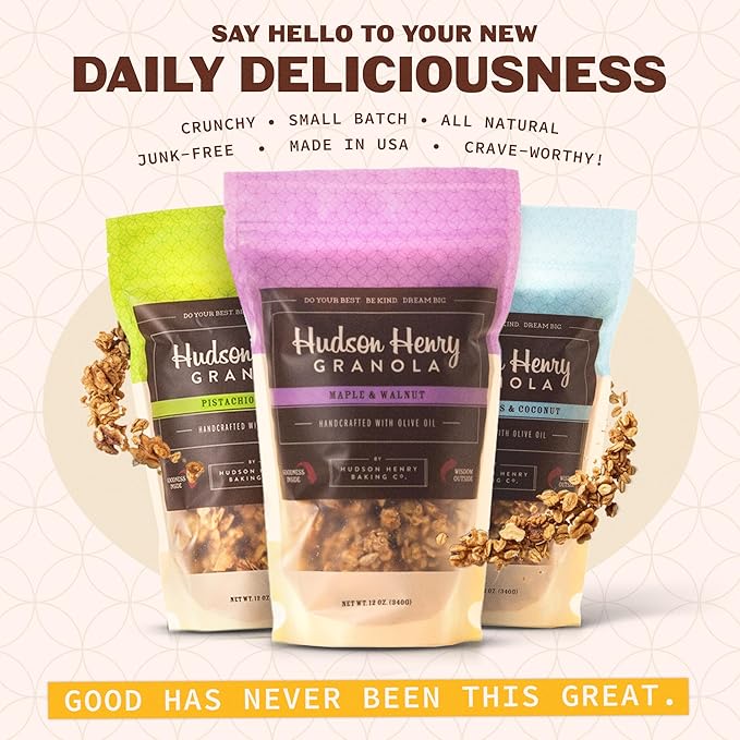Hudson Henry Granola Trio Delight for Yogurt Snacking &amp Cereal | Maple Pecan Coconut Maple Walnut &amp Pistachio Almond Granola | Gluten Free Non-GMO Small Batch Baked | 3 Pack (12 oz Bags)