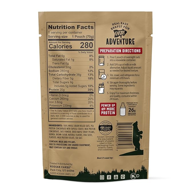 Kodiak Cakes Maple Pecan - Overnight Oats with 20g Protein High Fiber Breakfast (Pack of 9 Pouches)