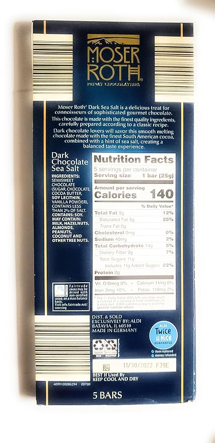 Moser Roth Dark Chocolate/Sea Salt Chocolate Bars (6) Pack Germany