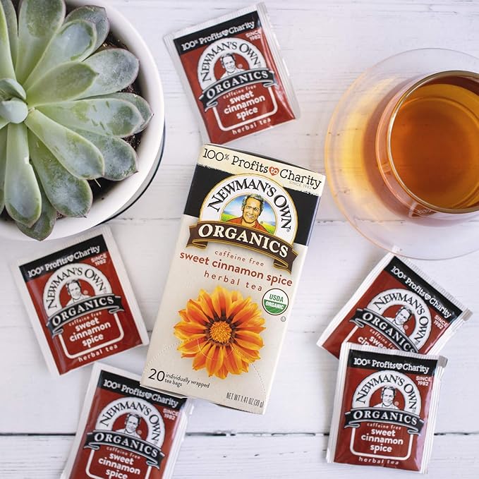 Newman's Own Organics Sweet Cinnamon Spice Herbal Tea USDA Certified Organic and Kosher Invigorating &amp Aromatic Herbal Tea Blend Organic Ingredients 20 Individually Wrapped Tea Bags (Pack of 6