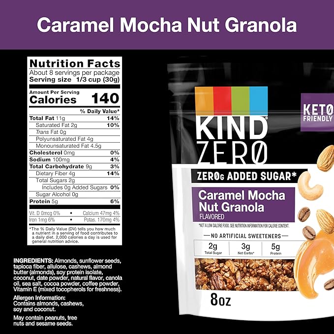 KIND Zero Added Sugar Granola Caramel Mocha Nut Healthy Snacks Good Source of Fiber Gluten Free Low Sugar 5g Protein 5 Count