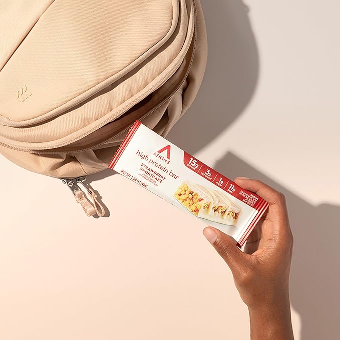 Atkins Strawberry Shortcake Flavor High Protein Bar 15g Protein 1g Sugar 3g Net Carb High Fiber Snacks Keto Friendly Protein Bars 4 Count (Pack of 6)