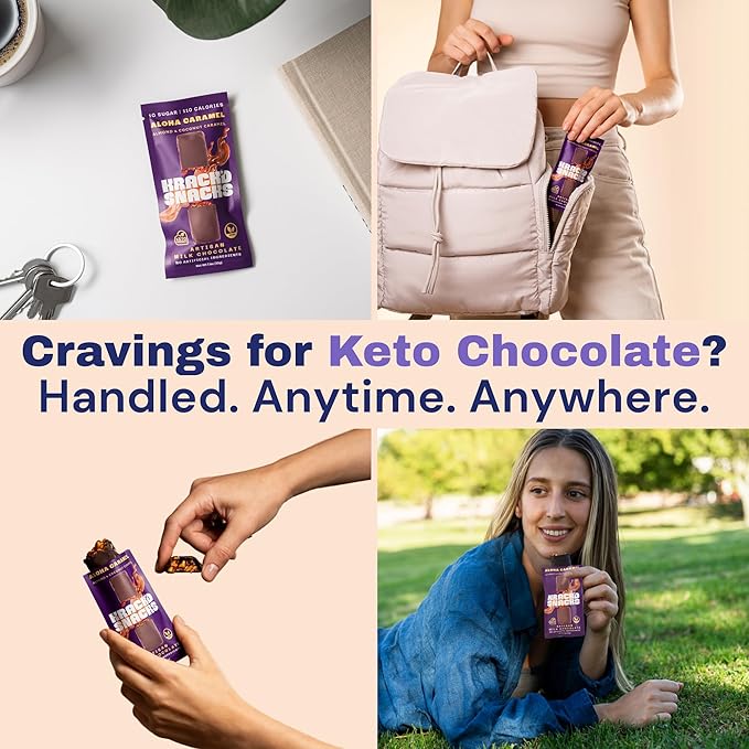 Krack’d Snacks Keto Milk Chocolate Snack Bars - On-the-Go Low Carb Dairy Free Chocolate with Almonds and Coconut Caramel - Gluten Free Sugar Free Candy - (Milk Chocolate Aloha Caramel 10 Pk)