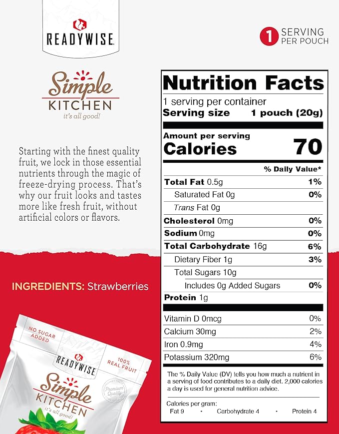 READYWISE - Simple Kitchen Freeze-Dried Strawberries Pack of 1 Vegetarian Gluten Free Snacks Strawberries Dried Fruit Pre Workout Healthy Snacks Camping Backpacking Survival Food