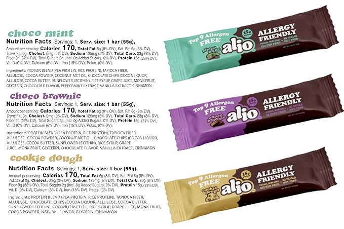 Alio Protein Bars - 3-Flavor Combo Box (12 Bars) – Free From The Top 9 Food Allergens High Protein Low-Calorie Vegan Gluten-Free Nut-Free Non-GMO Plant-Based Seed Oil Free Delicious &amp Hea