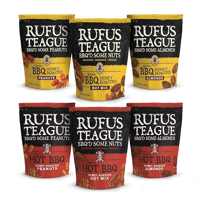 Rufus Teague - BBQ Honey Roasted &amp Hot BBQ Honey Roasted Variety - 9 oz Resealable Bags - 6 Pack