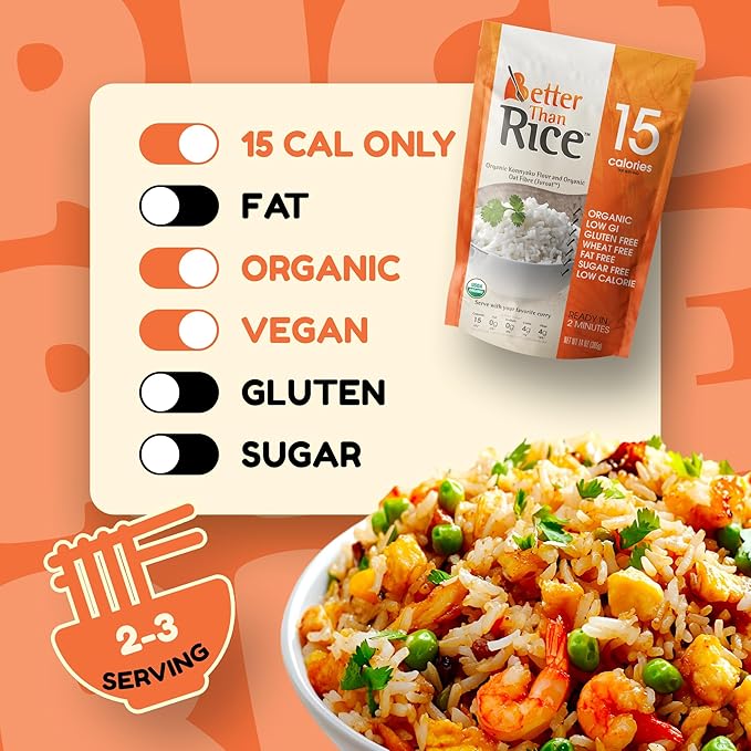 Better Than Pasta Organic Shirataki Rice – USDA Organic Zero Net Carbs Keto &amp Diabetic Friendly Gluten-Free Wheat-Free Low-Calorie Plant-Based Non-GMO No Odor Ready-to-Eat Konjac Noodles