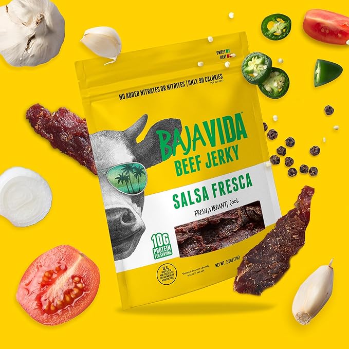 Baja Beef Jerky - 100% All Natural Beef Jerky Keto Jerky Gluten Free Low Calorie Craft Jerky 10g Protein per Serving No Nitrates or Added Hormones - Salsa Fresca 2.5 oz Bag (Pack of 4)