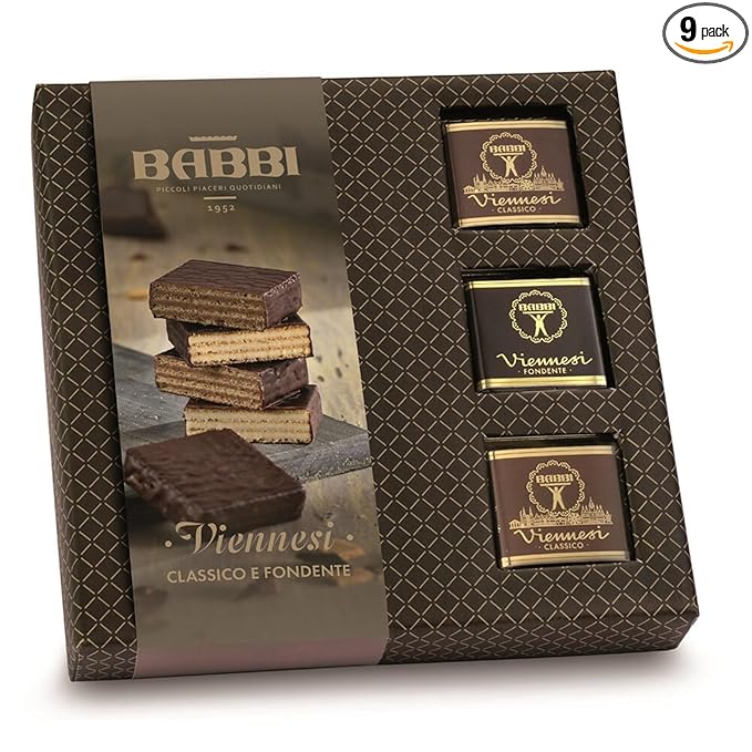 Babbi Viennesi Classico &amp Fondente Flavors 9 Pieces Italian Vanilla and Chocolate Cream-Filled Wafer Cookies Covered in Dark Chocolate Perfect for Gift Giving