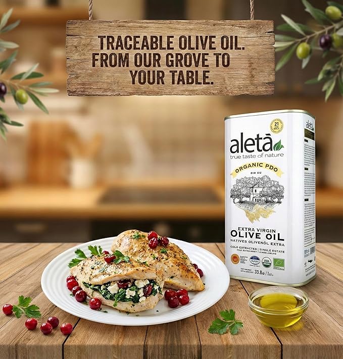 Aleta USDA Organic Greek Extra Virgin Olive Oil EU Certified Single Estate PDO Greece 1 Lt (33.8 oz.) Tin Kosher EK Pack of 1