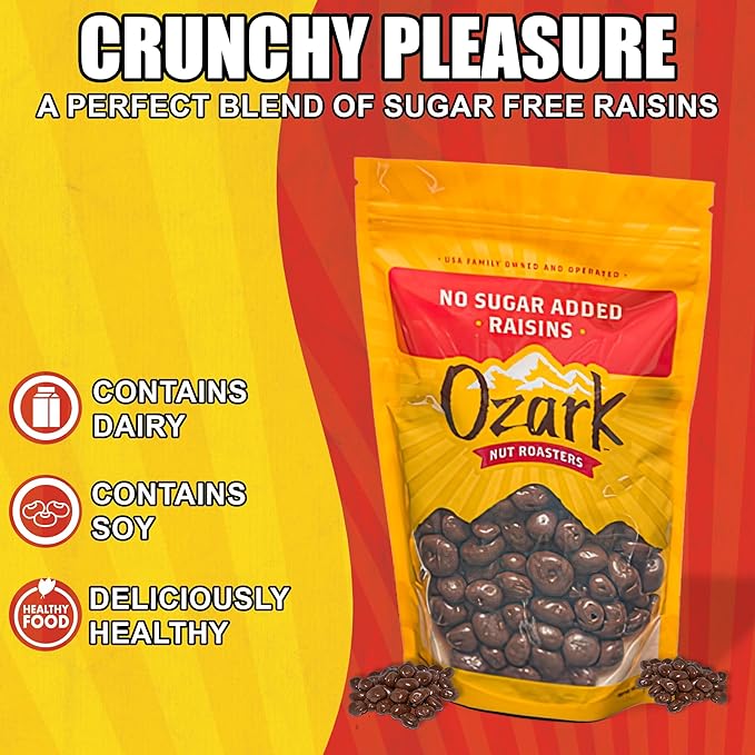 OZARK NUT ROASTERS No Sugar Added Chocolate Raisins Gourmet Creamy Milk Chocolate Covered Raisin Snacks 14 oz Pack of 2