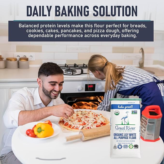 Great River Milling Lily White Organic All-Purpose Flour | Unbleached &amp Unbromated | Non-GMO Kosher | Ideal for Bread Cookies Cakes Pizza Dough &amp Everyday Baking | 25 Lb