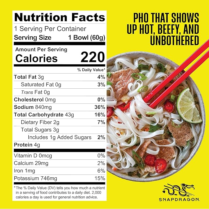 Snapdragon Pho Instant Noodle Bowls | Pho Flavor Broth with Rice Noodles | No Artificial Flavors | No MSG Added | 2.3 oz (9 Pack)