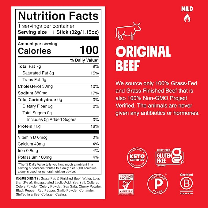 Chomps Grass-Fed and Finished Original Beef Jerky Snack Sticks 10-Pack - Keto Paleo Whole30 10g Lean Meat Protein Gluten-Free Zero Sugar Food Non-GMO