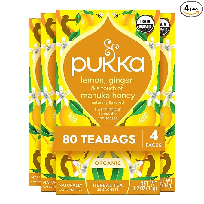 Pukka Organic Lemon Ginger &amp Manuka Honey Herbal Tea Immune Boosting Organic Tea Infusion Selection With Turmeric Ideal For Daily Support Caffeine Free 80 Total Bags (20ct - Pack of 4)