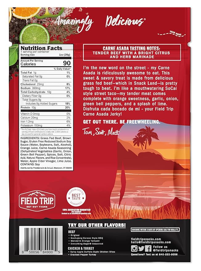 Field Trip Grass Fed Beef Jerky Healthy Gluten Free Snacks All Natural Paleo-Friendly Beef Jerky High Protein Low Carb Snack with No Nitrates 1oz Bag 12 Pack Carne Asada