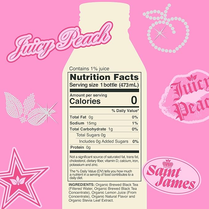 Saint James Iced Tea x Juicy Couture Limited Edition - Organic Black Tea - Non-GMO Gluten Free Zero Calorie Zero Sugar - Juicy Peach 12 Pack (16 fl oz each)