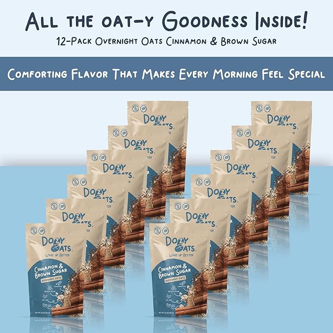 Dozy Oats Overnight Oatmeal Packets Cinnamon and Brown Sugar Multipack with Rolled Oats and Chia Seeds. Gluten-Free Natural Source of Protein and Fiber 12-Pack