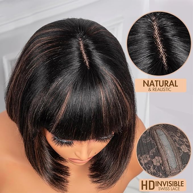 Bob Wig with Bangs Human Hair Glueless HD Lace Straight Short Bob Wig with Brown Highlights Ready to Go Short Wigs For Women （10 Inch bob wig）