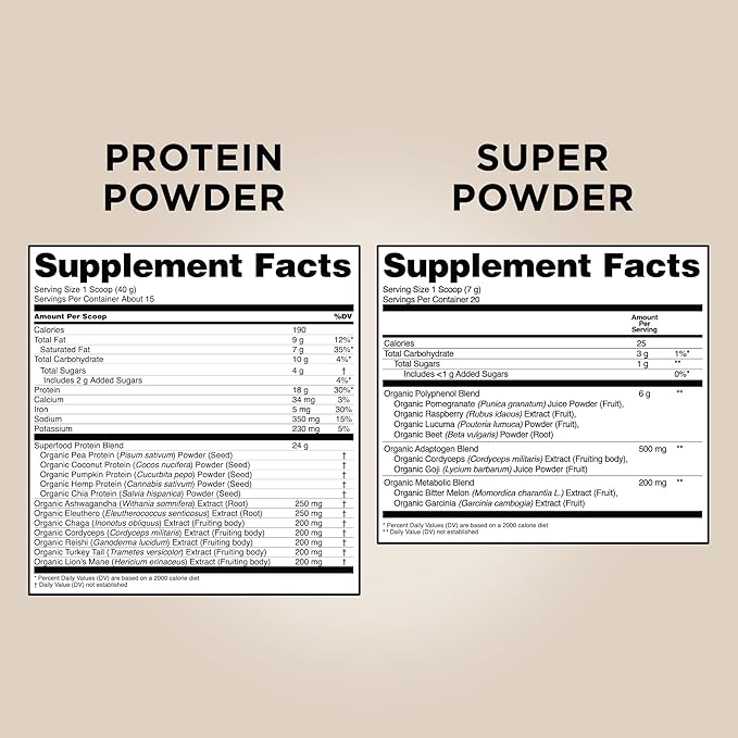 Four Sigmatic Plant Based Vanilla Protein + Perform Super Powder Workout Bundle Clean Vegan Protein for Brain Function and Immune Support | Superfood Powder with Adaptogens &amp Antioxidants