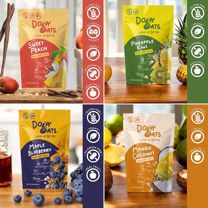 Dozy Oats Overnight Oatmeal Packets Fruity Faves Variety Box with Rolled Oats Chia Seeds Date Powder and Dried Fruit. Gluten-Free Natural Source of Protein and Fiber 12-Pack