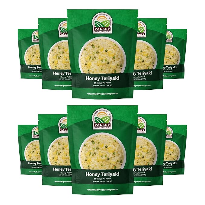 Valley Food Storage Honey Teriyaki Rice | 10-Bag Bucket 50 Servings | Non-GMO Premium Emergency Food Supply 25 Year Shelf Life | Survival Meal Kits Prepper Food &amp Off-Grid Living Supplies Pack