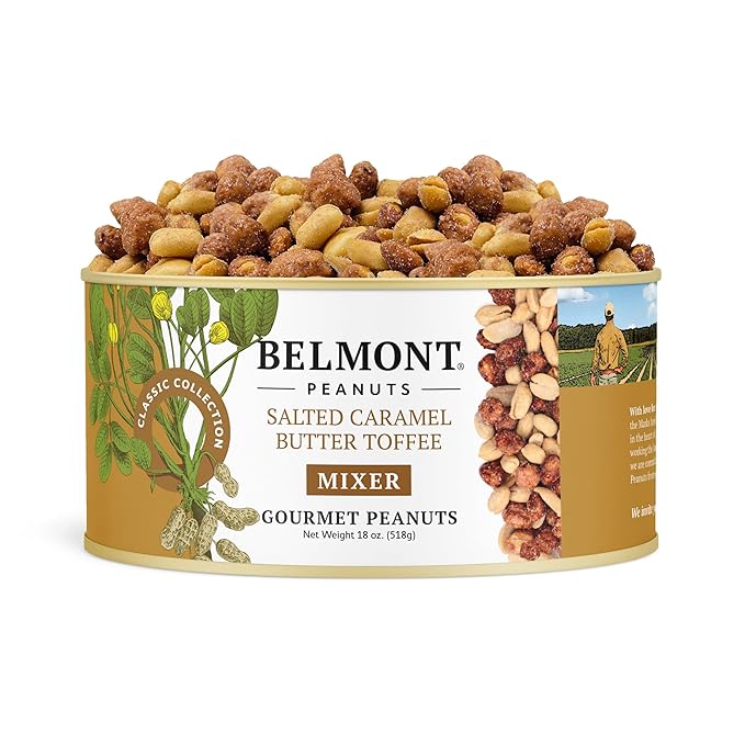 Belmont Peanuts Gourmet Salted Caramel Butter Toffee Mixer with Sea Salt and Butter Toffee Flavored Virginia Peanuts 18 oz (1 Pack) – Simple Ingredients No Preservatives Hand Seasoned Snack
