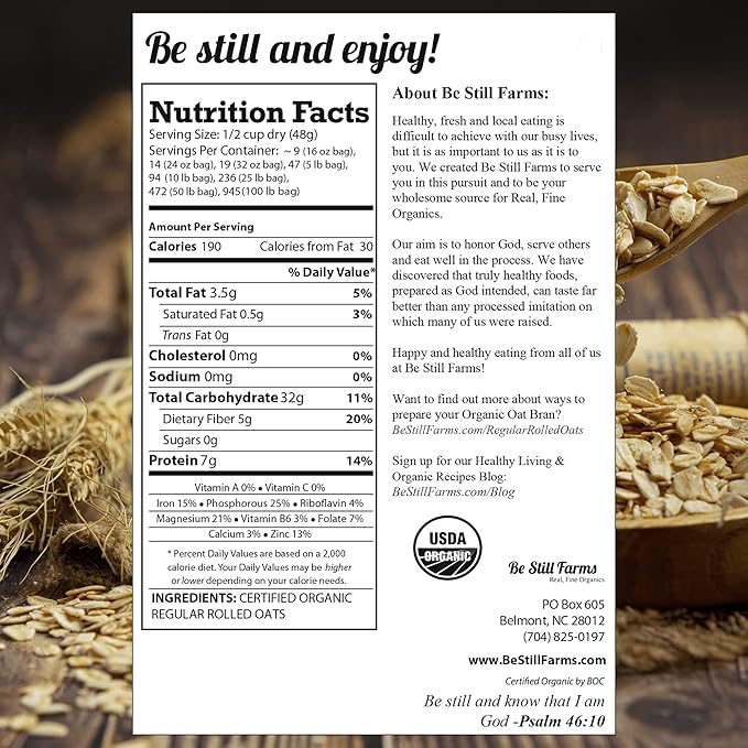 Be Still Farms Organic Oatmeal Regular Rolled Oats - Old Fashioned Oat Bulk (4.8 lb) - 100% Whole Grain | High in Fiber &amp Protein | USA Grown | USDA Certified | Vegan | Non-GMO | Sugar-Free
