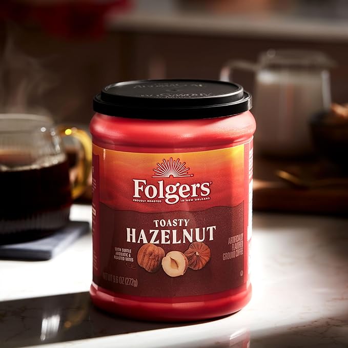 Folgers Toasty Hazelnut Flavored Ground Coffee Medium Roast 9.6 Ounce Canister (Pack of 6)