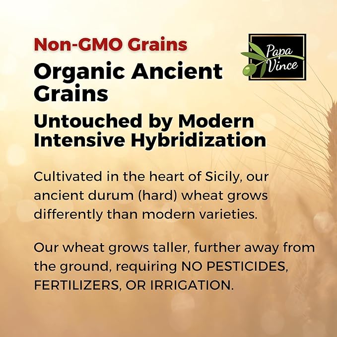 Papa Vince Organic Non Enriched Pasta - good whole wheat busiate pasta made in Italy from ancient grains cultivated in Sicily Italy. Slow Dried. Bronze Die Cut. Delightful Al dente texture. No funny