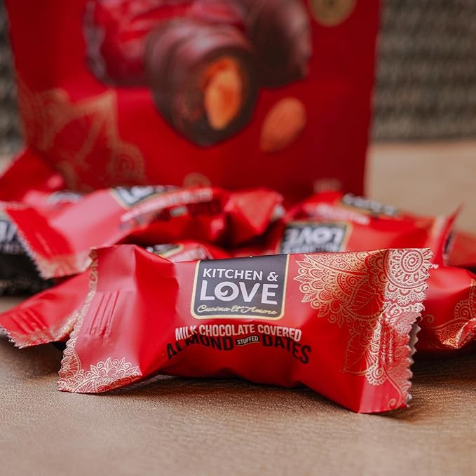 Kitchen &amp Love Milk Chocolate Covered Almond Stuffed Dates in a Convenient Resealable Pouch 8 Individually Wrapped Pieces Healthy Snack 3.5 oz pouch (Pack of 4)