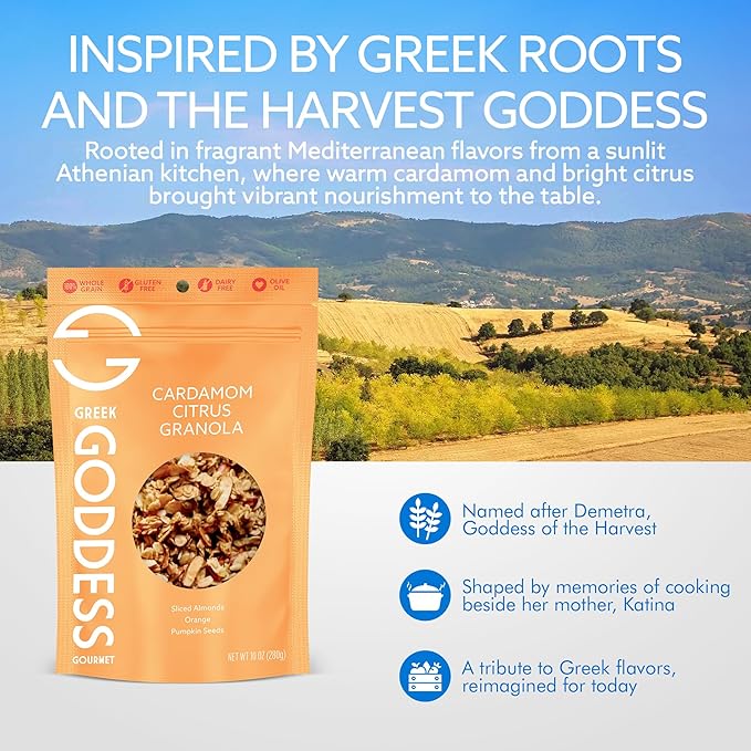 Greek Goddess Gourmet Cardamom Citrus Granola with Almonds Pumpkin Seeds Wildflower Honey Orange Extract 100% Whole Grain Oats &amp Olive Oil – Healthy Gluten Free Granola 10oz (3-Pack)