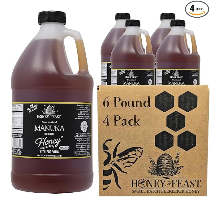 HONEY FEAST Propolis Infused Raw Manuka Honey 6 Pound (Pack of 4) – New Zealand Manuka Blend with Propolis MGO182 Patent Pending Formula