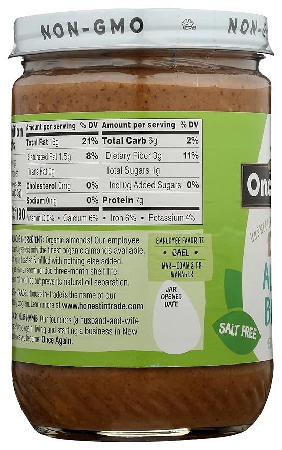 Once Again Organic Crunchy Almond Butter 16oz - Lightly Toasted - Salt Free Unsweetened - USDA Organic Gluten Free Certified Peanut Free Vegan Kosher Paleo - Glass Jar