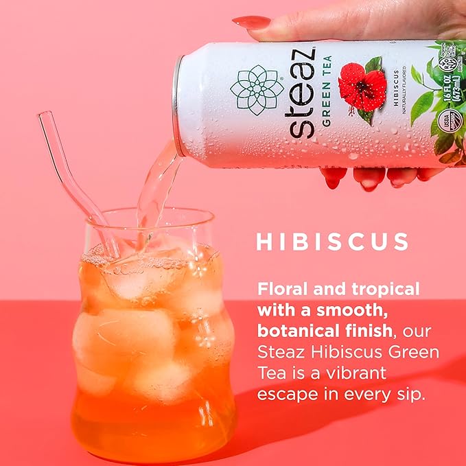 Steaz - Organic Green Tea - Hibiscus Flavored (12 Pack) - Antioxidant Brew - 30mg Natural Caffeine Vitamin C - Cane Sugar Sweetened Iced Tea - Vegan Fair Trade - 12 Cans 16 fl oz (473mL)