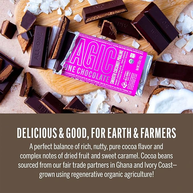 Dr. Bronner's - Magic All-One Chocolate Smooth Coconut Praline Bar—Certified Organic &amp Fair Trade 70% Cocoa No Added Salt Vegan Coconut-Sugar Sweetened &amp Perfectly Balanced | 6 Count