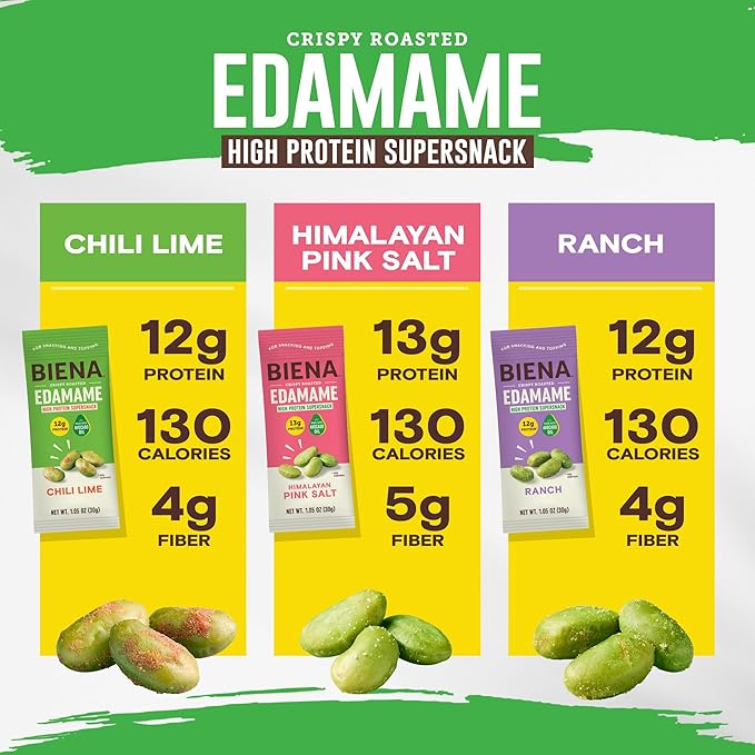 Biena Crispy Roasted Edamame Beans Snack – High Protein Low Carb Snack for Adults &amp Kids 12g-13g Protein per Serving - Made w/Avocado Oil – Vegan Gluten-Free – 18-Pack 1.05oz Variety Pack