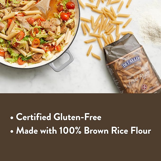 DeLallo Gluten-Free Brown Rice Penne Pasta Non-GMO Made in Italy Kosher All Natural Tree-Nut Free12 oz Bag (4 Pack)