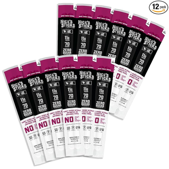 Nick's Sticks Clean &amp Balanced Spicy Free Range Turkey Snack Sticks | Made in the USA | Gluten Free | Paleo Keto Whole30 Approved | No Soy Antibiotics or Hormones (12 – 1.7oz. Packs of 2 Sticks