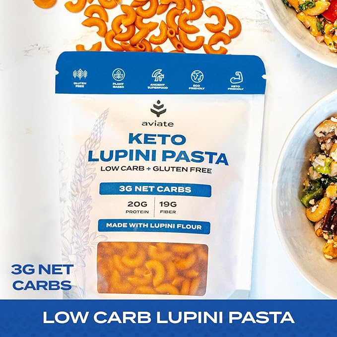 Aviate Keto Pasta Elbows - Low Carb (3g Net) Lupini Noodles High Protein (20g) Gluten-Free Made with Lupin Flour Plant Based Vegan Keto-Friendly Low Carb - Macaroni Elbows (8oz) (Pack of 3)