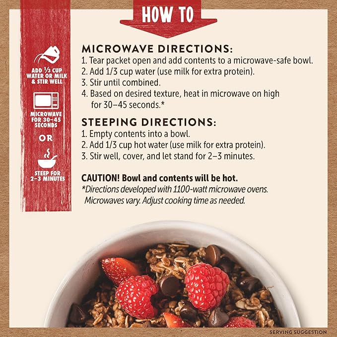 Kodiak Instant Oatmeal Packets Chocolate Chip High Protein 100% Whole Grains 6 boxes with 6 packets each (36 packets total)