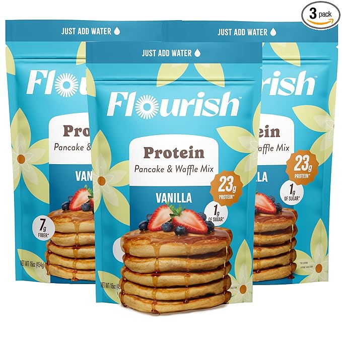 Flourish Protein Pancake &amp Waffle Mix with Whey Protein &amp Flax Seed No Added Sugar High in Protein &amp Fiber - Just Add Water - Vanilla Flavour 430g (3 Pack) - Made in Canada