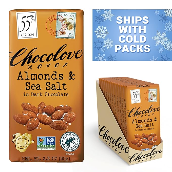 Chocolove Almonds &amp Sea Salt Dark Chocolate Bars | 55% Cocoa | Crunchy Almonds with a Salty Twist | Premium Dark Chocolate | Non-GMO &amp Gluten-Free 3.2 oz Bar (12 Pack)