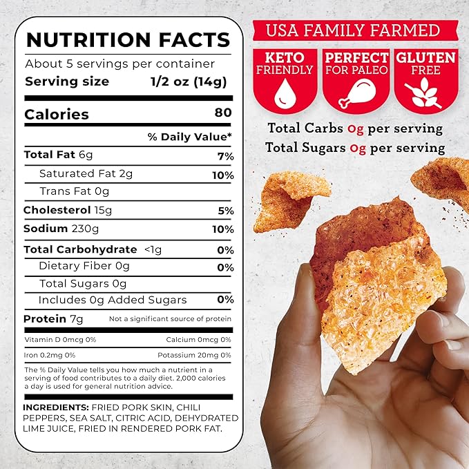 4505 Tajin Seasoned Chicharrones Fried Pork Rinds - Chile Limon Mild Flavored Pork Skins - Low Carb Gluten-Free Protein Snack - 2.7oz (Pack of 12)