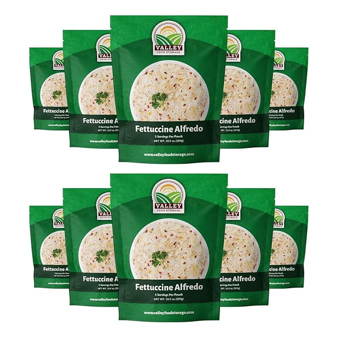 Valley Food Storage Fettuccine Alfredo | 10-Bag Bucket 50 Servings | Premium Emergency Food Supply 25 Year Shelf Life | Survival Meal Kits Prepper Food Camping &amp Long Term Food Storage | Packa