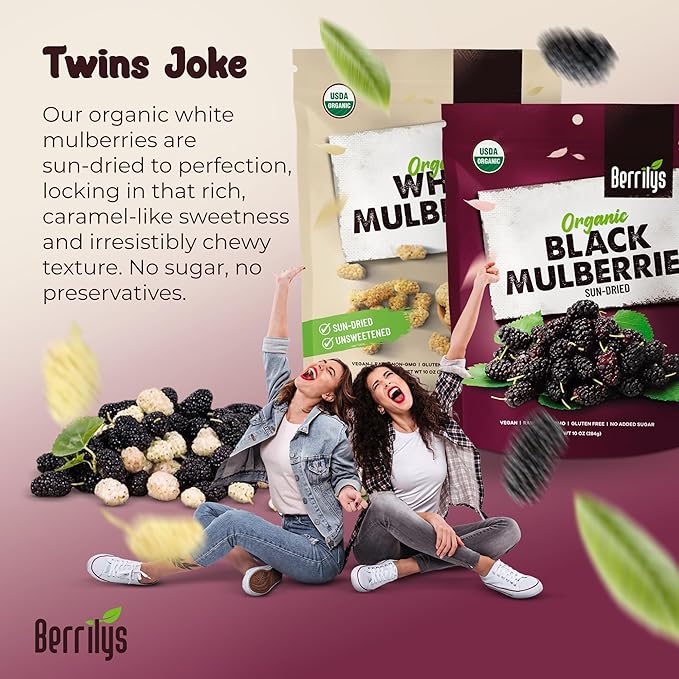 Berrilys Organic Dried White &amp Black Mulberries - Sun-Dried - Homemade Recipes - Chewy Fruit - Ideal for Snacks Baking &amp Smoothies - Non-GMO Raw Vegan - Breakfast Bowls Yogurt Trail Mix -
