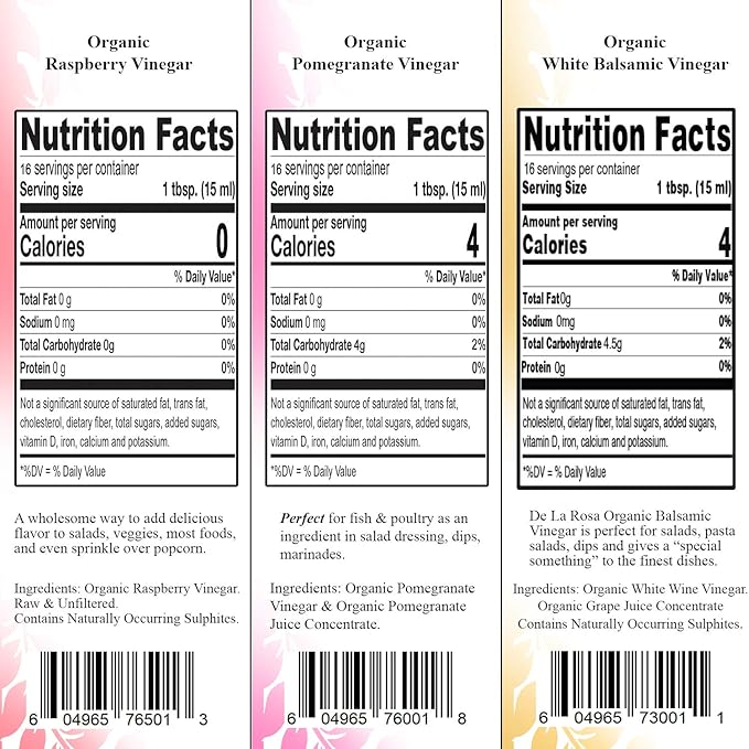 De La Rosa Organic Vinegar Gift Box Raspberry Pomegranate &amp White Balsamic Vinegar Vegan Kosher Non-GMO &amp Gluten Free Great for Salad Dressing Marinades &amp More 8.45 Oz (Pack of 3)